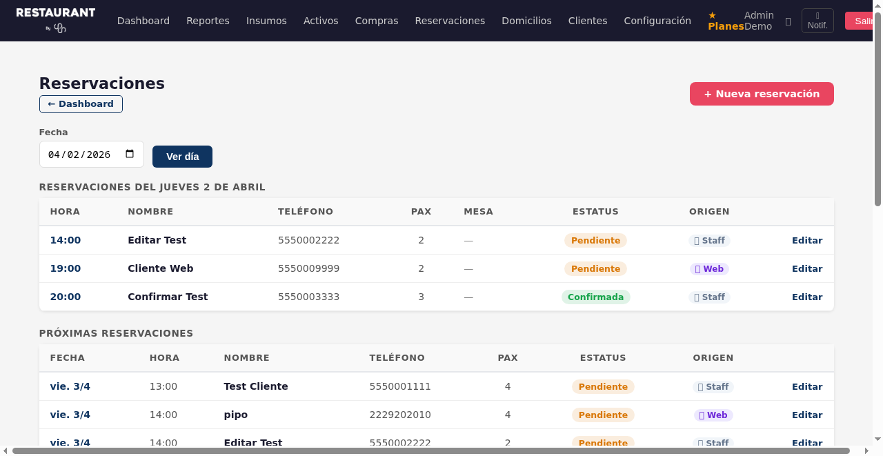 Pantalla de reservaciones