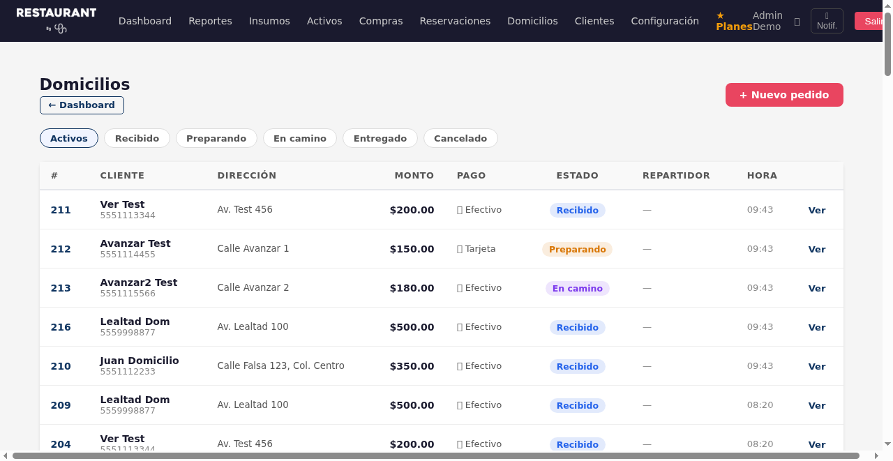 Pantalla de domicilios