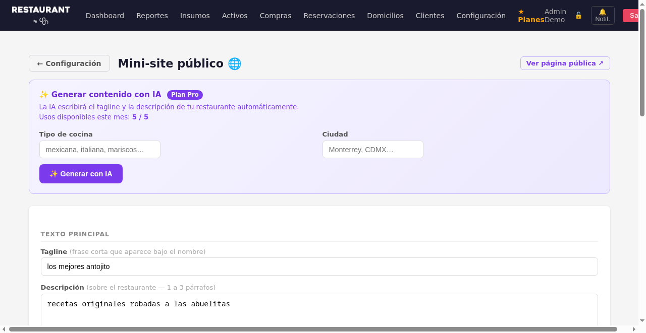 Configuración del mini-site