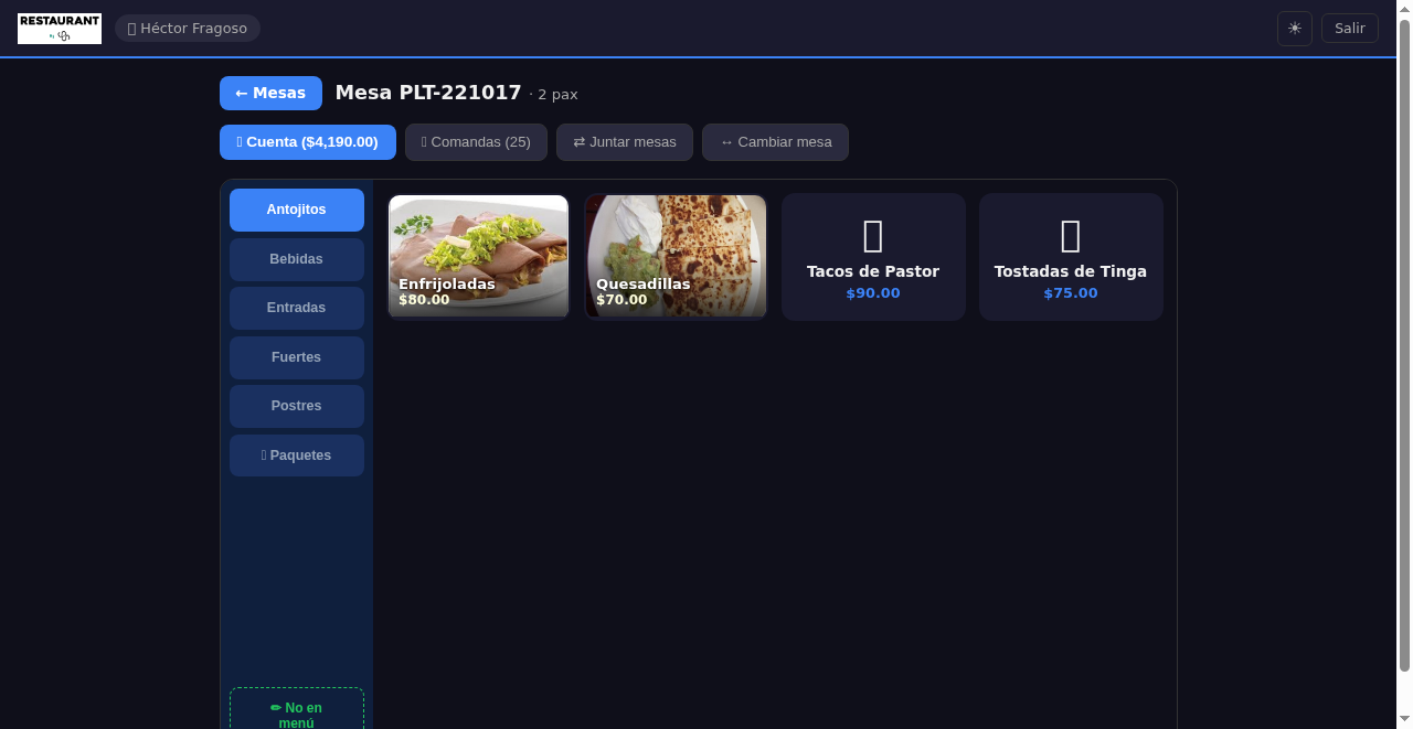 Pantalla de menú en POS